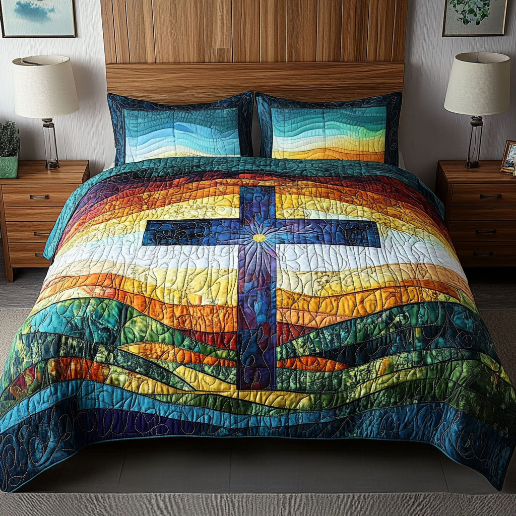 Rainbow Horizon Cross Quilted Bedding Set Bed Decor Presents For Christian Friends
