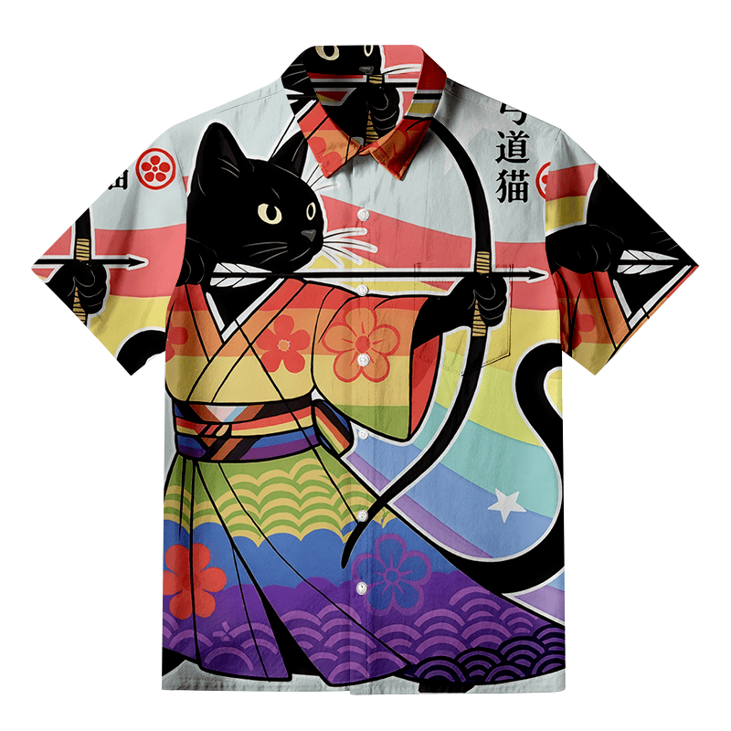Rainbow Kimono Cat Archery Aloha Japanese Button Up Shirt Animal Themed Gifts For Cat Lovers