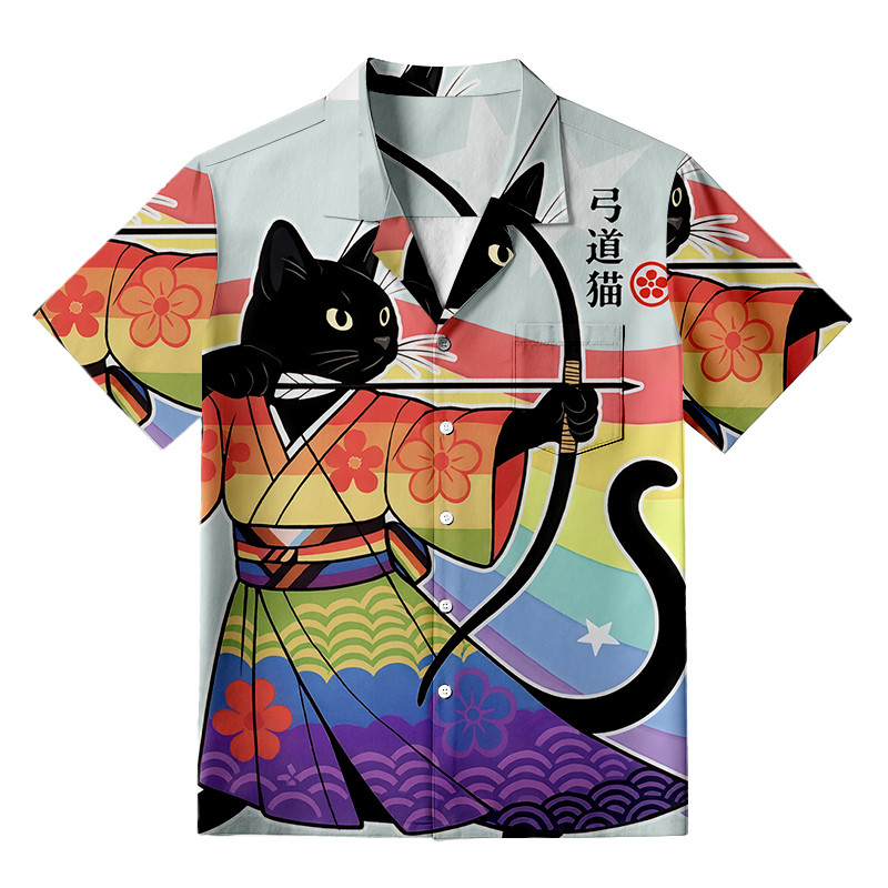 Rainbow Kimono Cat Archery Aloha Japanese Hawaiian Shirt Japanese Art Apparel Cat Themed Gifts