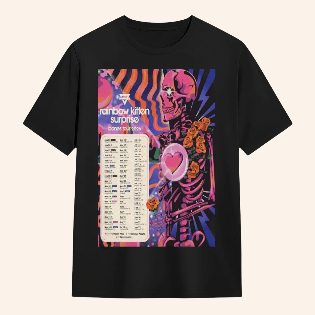Rainbow Kitten Surprise Merch Bones Tour 2026 Skeleton Heart T-Shirt Gifts For Rock Lovers