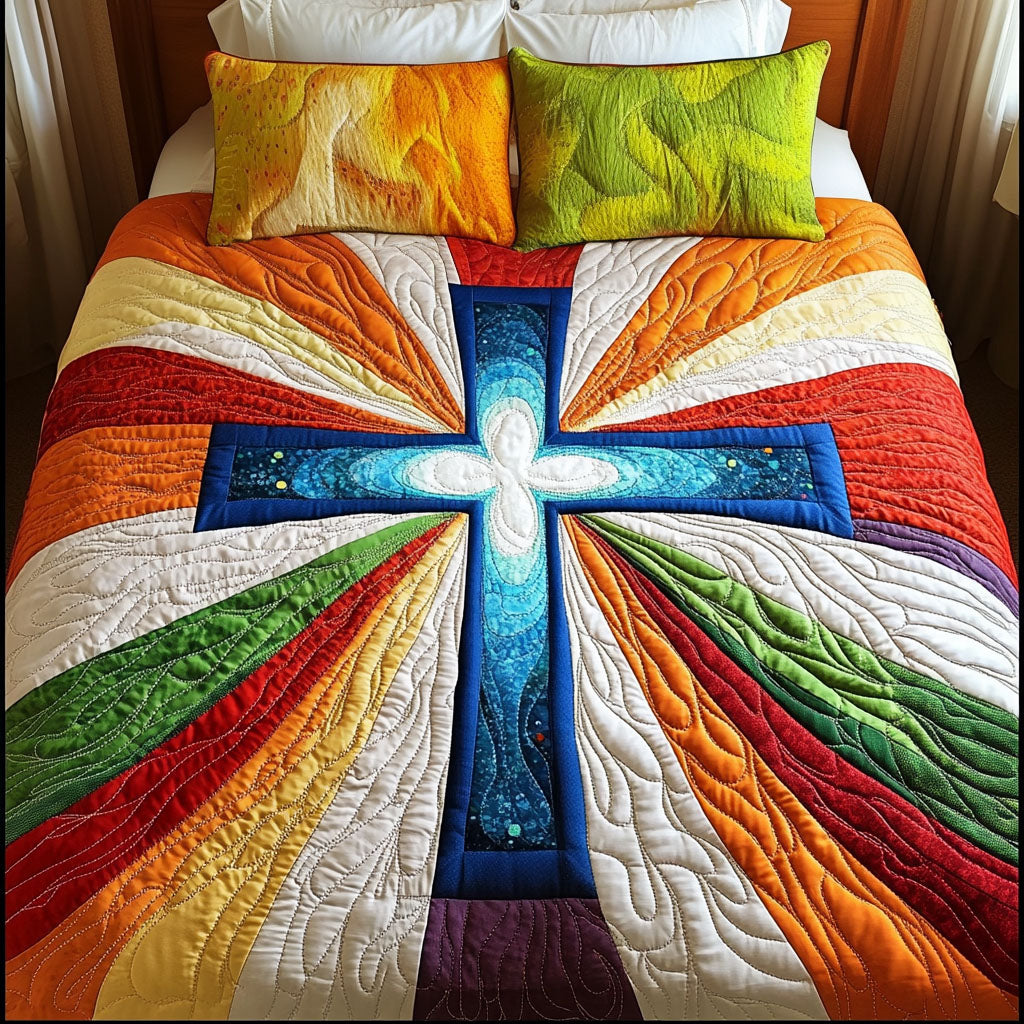 Rainbow Light Cross Quilted Bedding Set Elegant Bed Linen Set for Cozy Nights