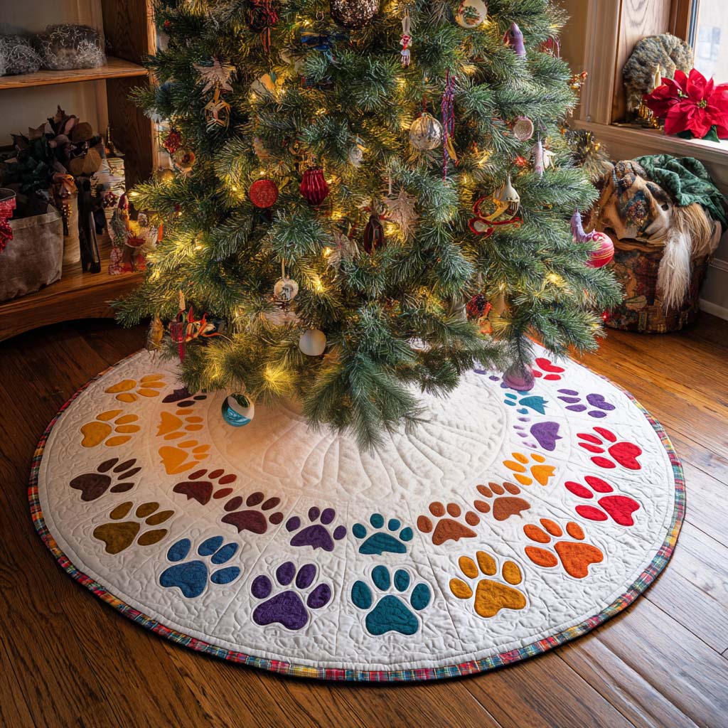 Rainbow Paws Christmas Quilted Tree Skirt Xmas Tree Stand Cover Gift For Animal Lover