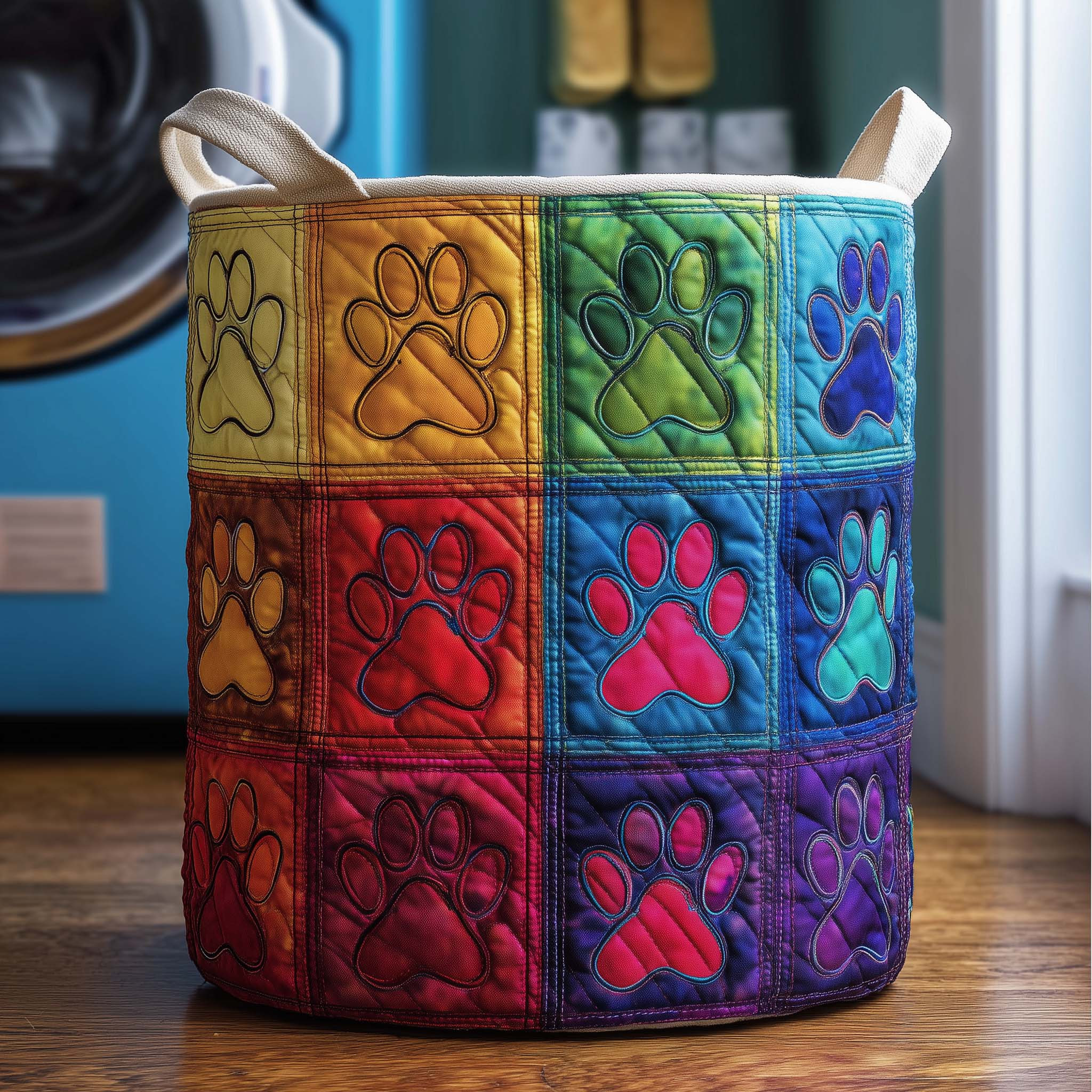 Rainbow Paws Quilted Laundry Basket Modern Home Decor Pet Lover Present Ideas