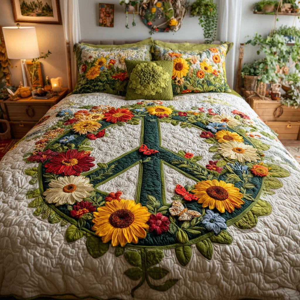 Rainbow Peace Floral 3-Piece Quilted Bedding Set Hippie Colorful Bedspread Best Gift Ideas