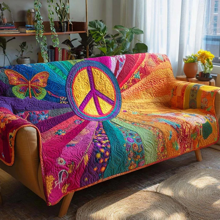 Rainbow Peace Garden Quilted Sofa Cover Hippie Boho Furniture Protector Best Gift For Peace Lovers