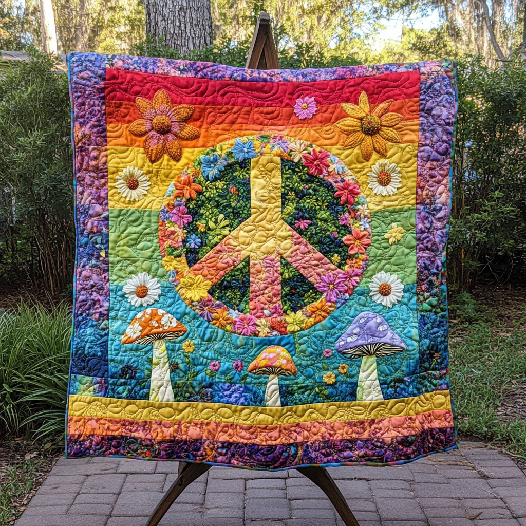 Rainbow Peace Quilted Blanket Cute Mushroom Gifts