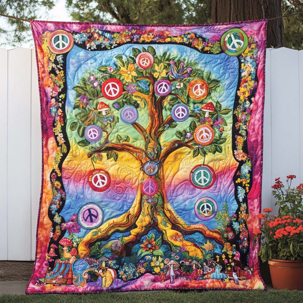 Rainbow Peace Roots Quilted Blanket Christmas Room Decor Gifts For Black Cat Lovers