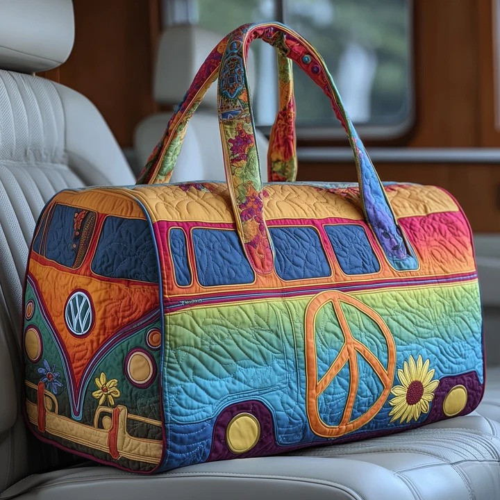 Rainbow Peace Sign VW Bus Quilted Duffle Bag Hippie Travel Bag Best Gift For Hippie Lovers