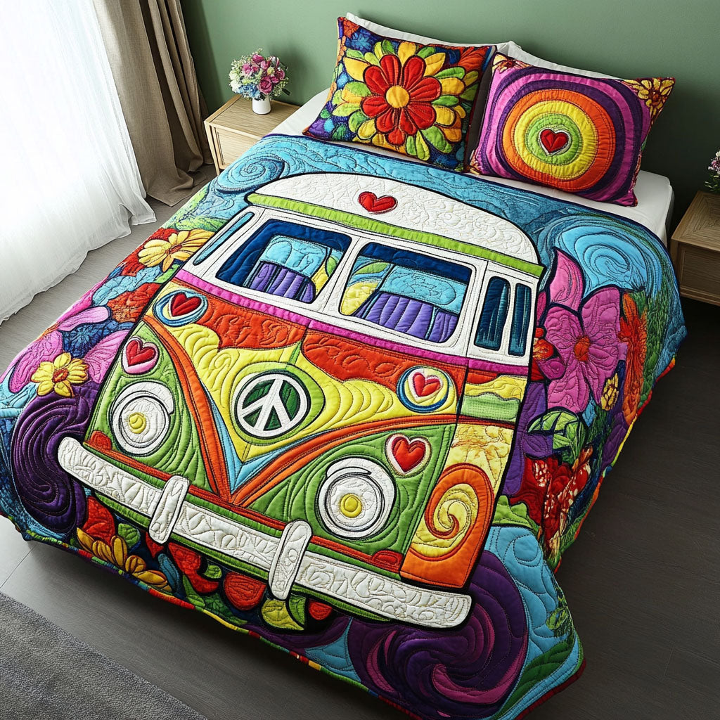 Rainbow Road Trip Quilted Bedding Set Best Bed Sheet Set Hippie Gifts Ideas For Her