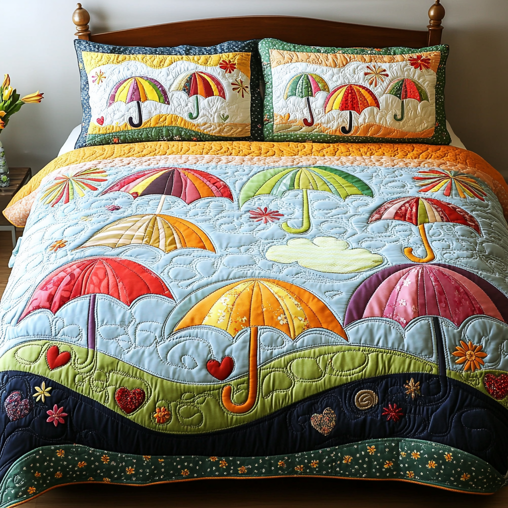 Rainbow Showers Quilted Bedding Set Heartwarming Bedding Gift for Loved Ones