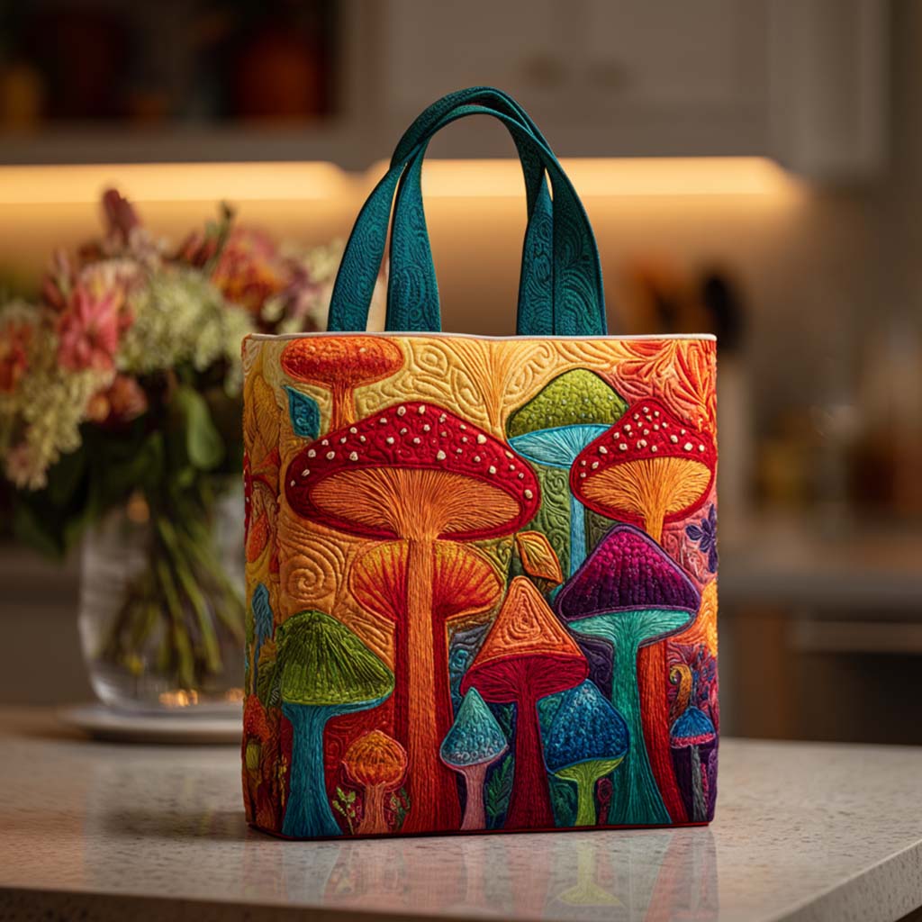 Rainbow Shrooms Quilted Tote Bag Gifts For Mushroom Hunters