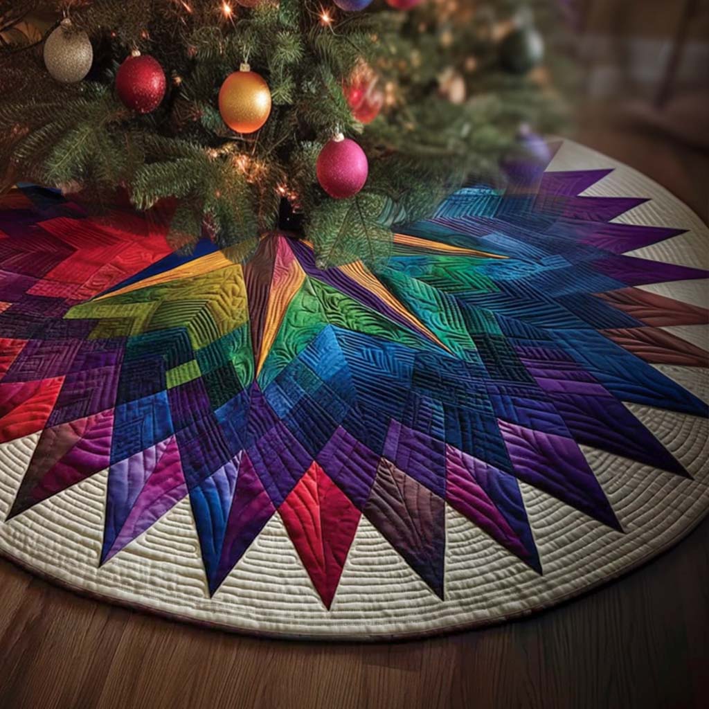 Rainbow Star Christmas Quilted Tree Skirt Adorable Holiday Tree Skirt for Cozy Spaces