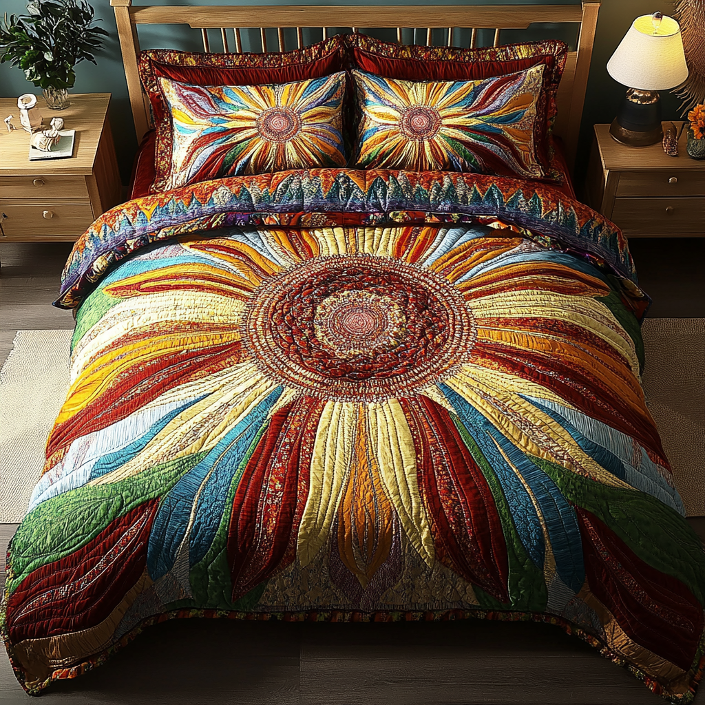 Rainbow Sunburst Quilted Bedding Set Beautiful Printed Bedding Set for Home Aesthetics