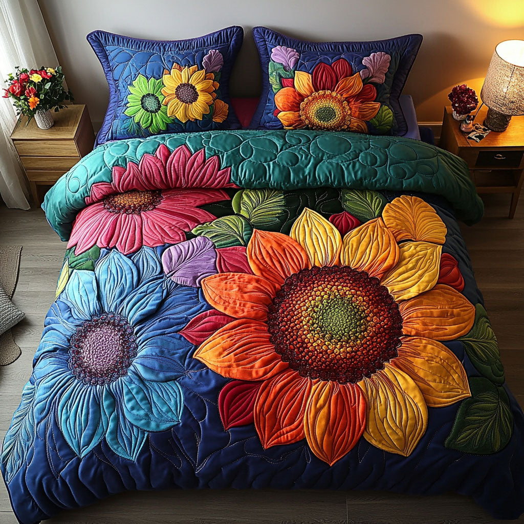 Rainbow Sunflower Quilted Bedding Set Cozy Bedroom Decor Gifts For Sunflower Lovers