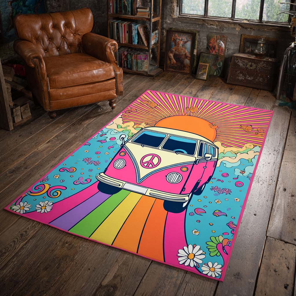 Rainbow Sunset Van Area Rug Dining Room Rug Family Fun Gifts For Christmas