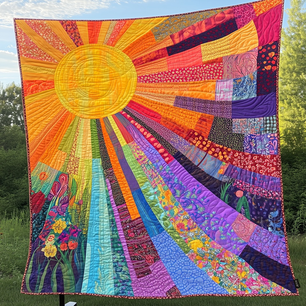Rainbow Sunshine Burst Quilted Blanket Colorful Patchwork Cozy Vibrant Throw Best Gift For Boho Lovers