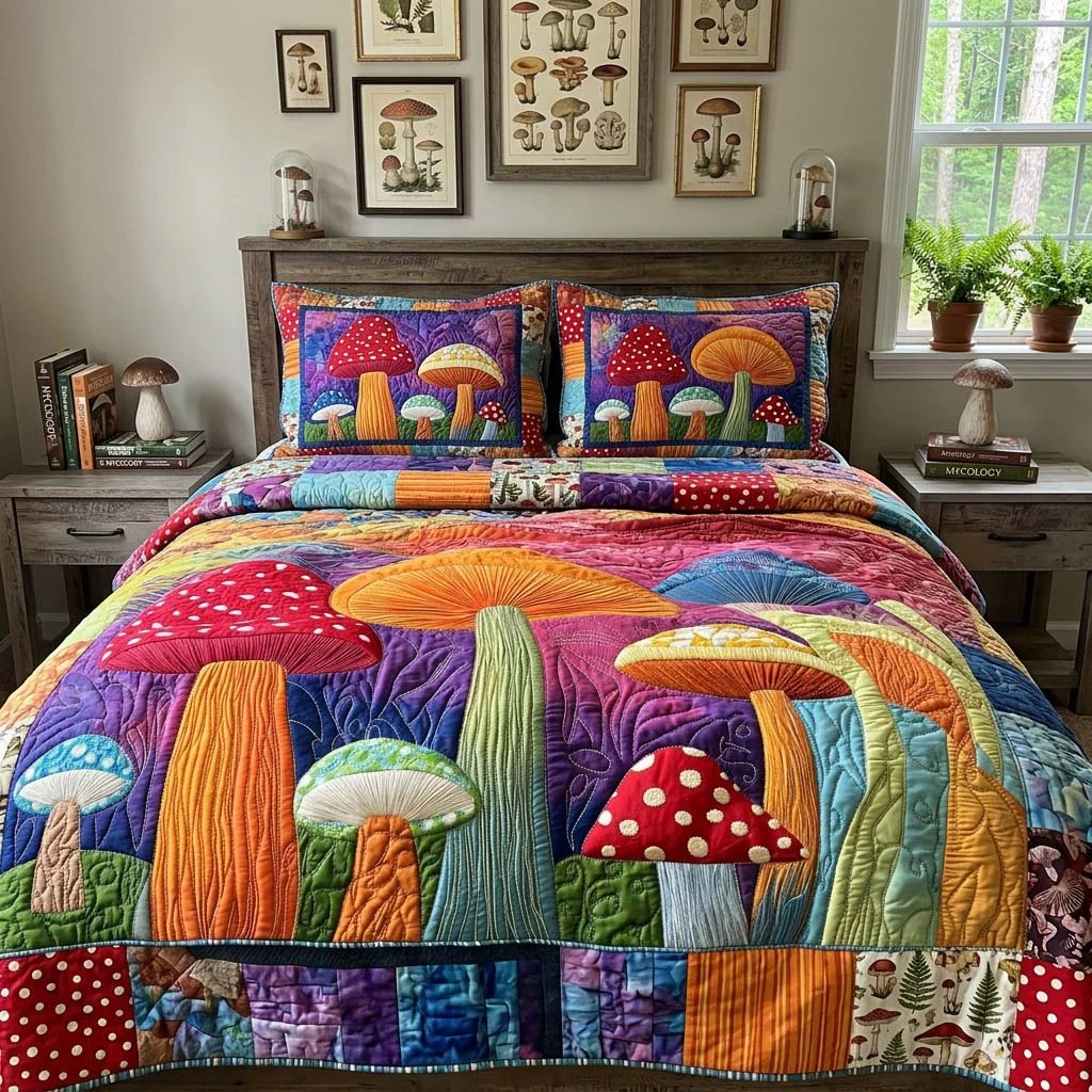 Rainbow Toadstool Garden Quilted Bedding Set Boho Bedroom Decor Gift For Mushroom Lovers