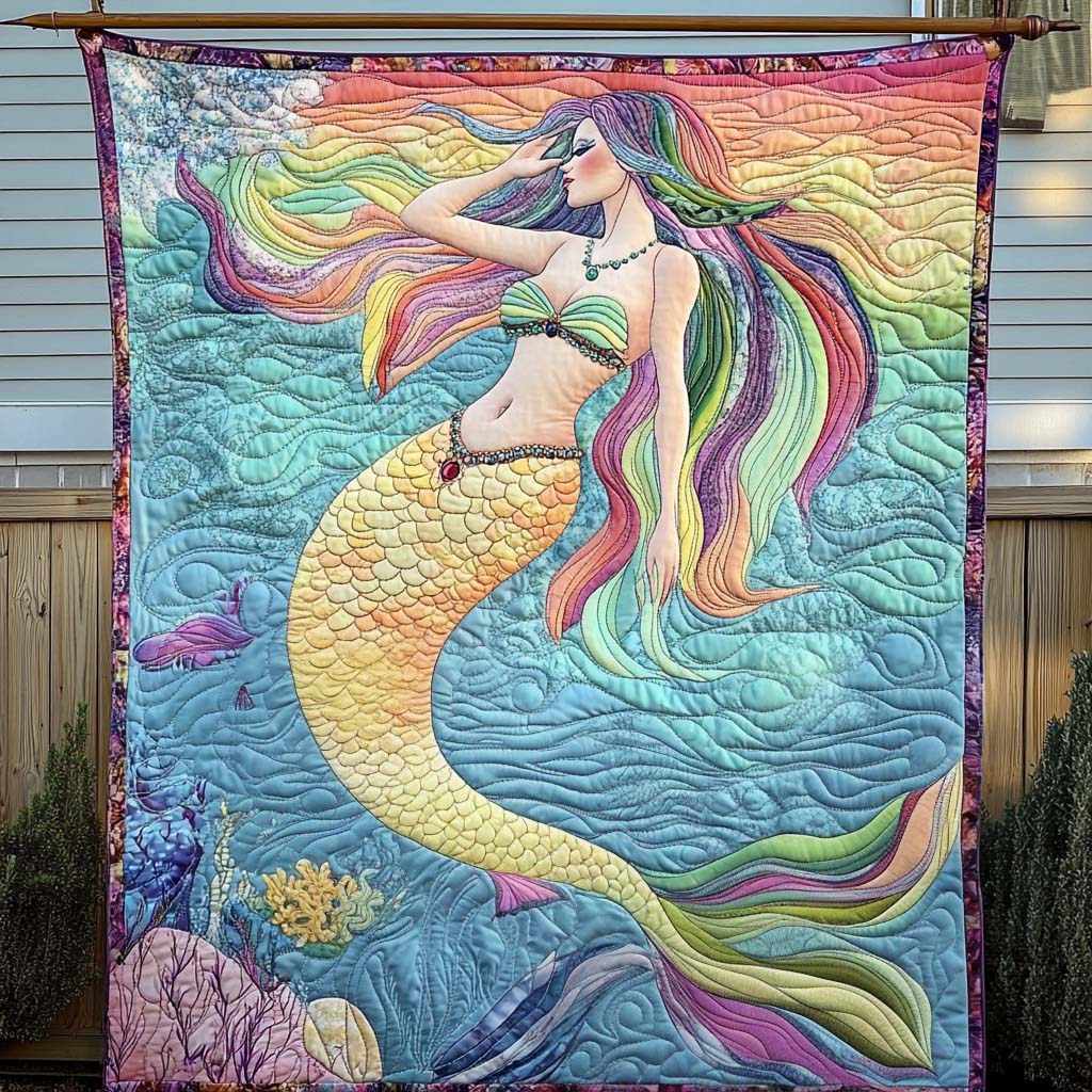 Rainbow Tresses Mermaid Quilted Blanket For Christmas Gifts