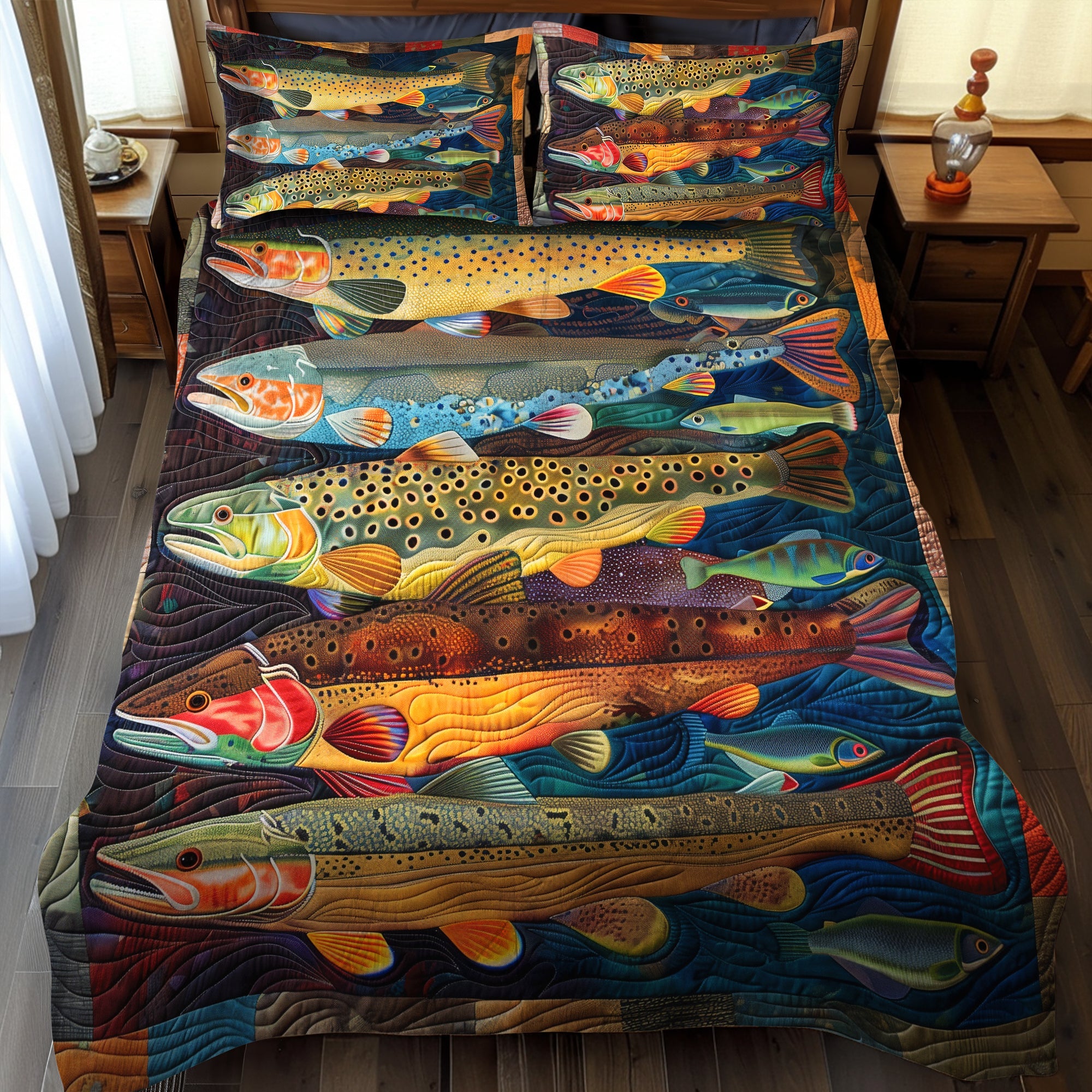 Rainbow Trout River Quilted Bedding Set Twin Comforter Sets Nature Themed Gift For Dad