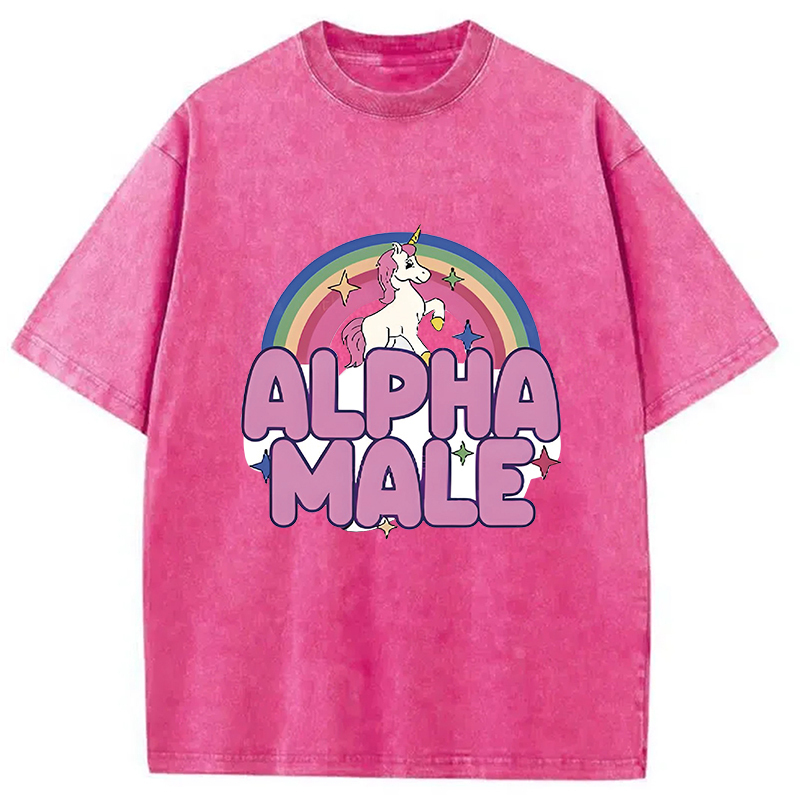 Rainbow Unicorn Alpha Male Washed T-Shirt Trendy Aesthetic Graphic Apparel Gifts For Friends
