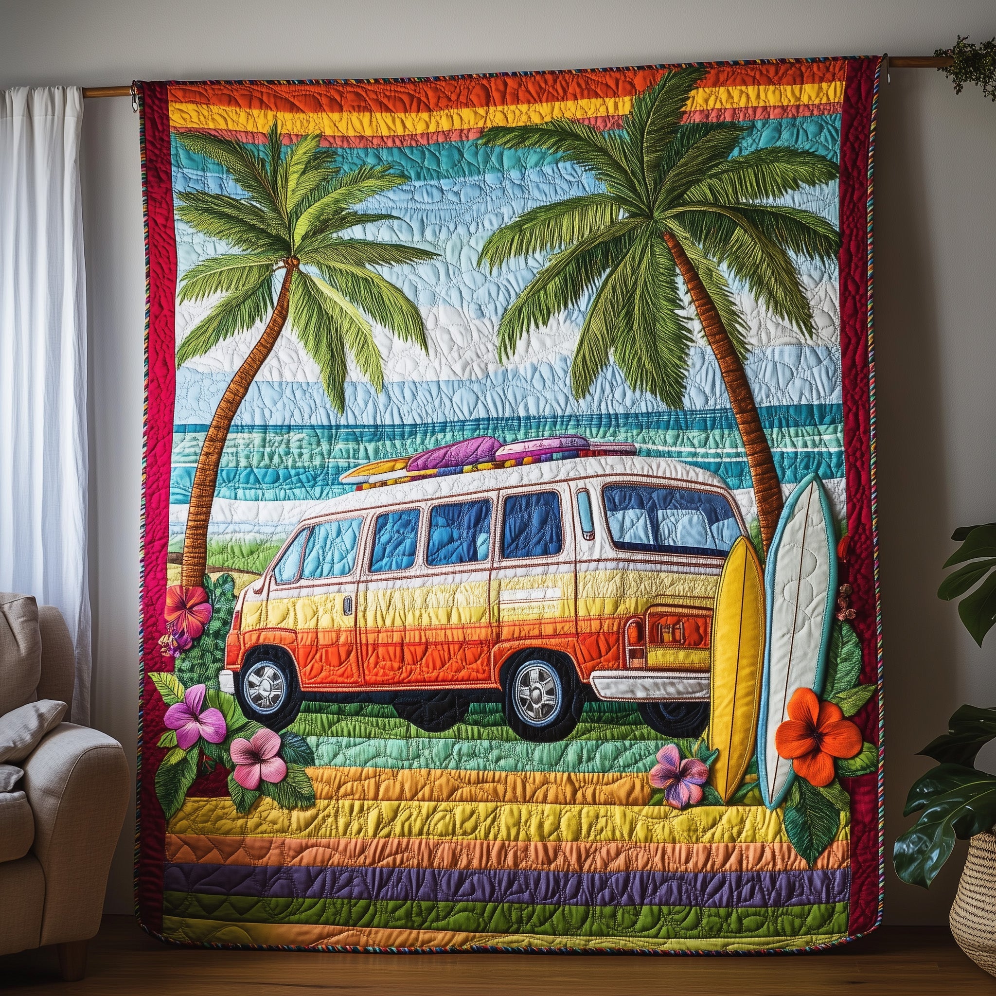 Rainbow Van Quilted Blanket Merchandise Throw BlanketBirthday Presents For Hippies