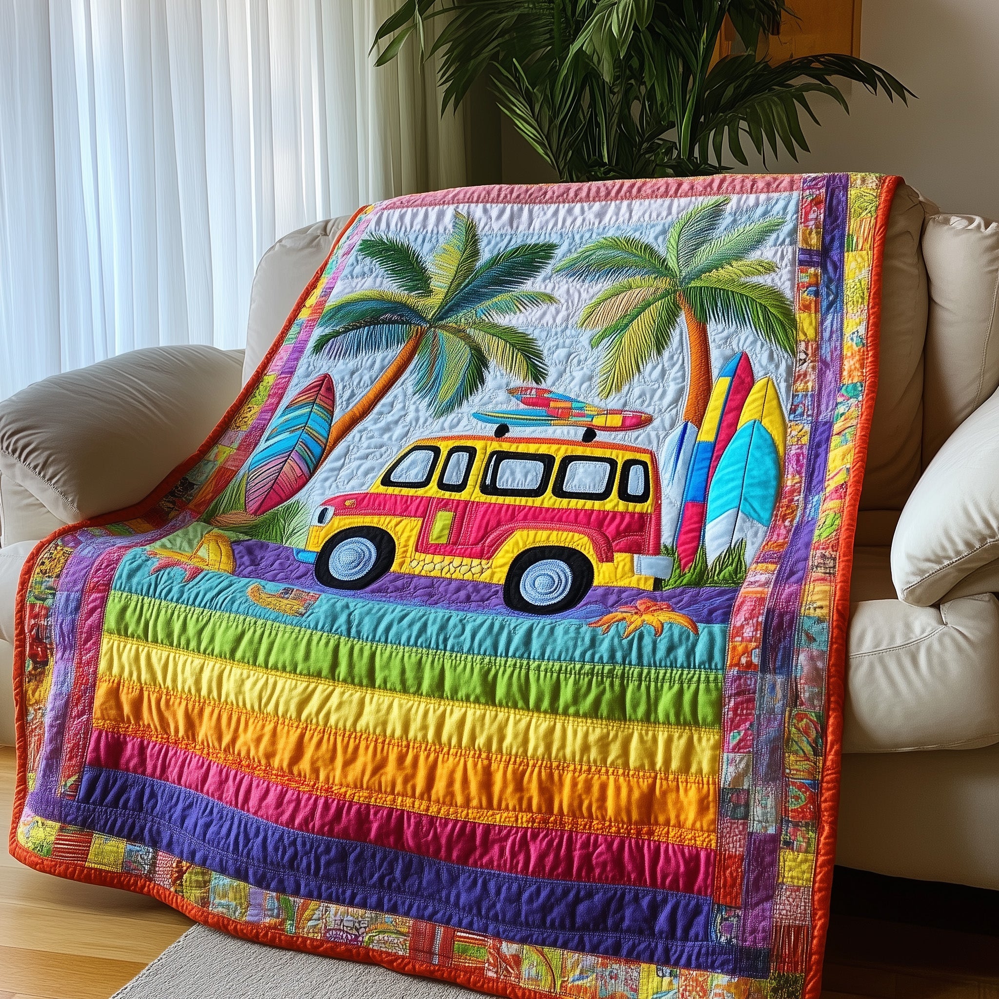 Rainbow Van Quilted Blanket Merchandise Throw BlanketChristmas Gift Ideas For Hippies