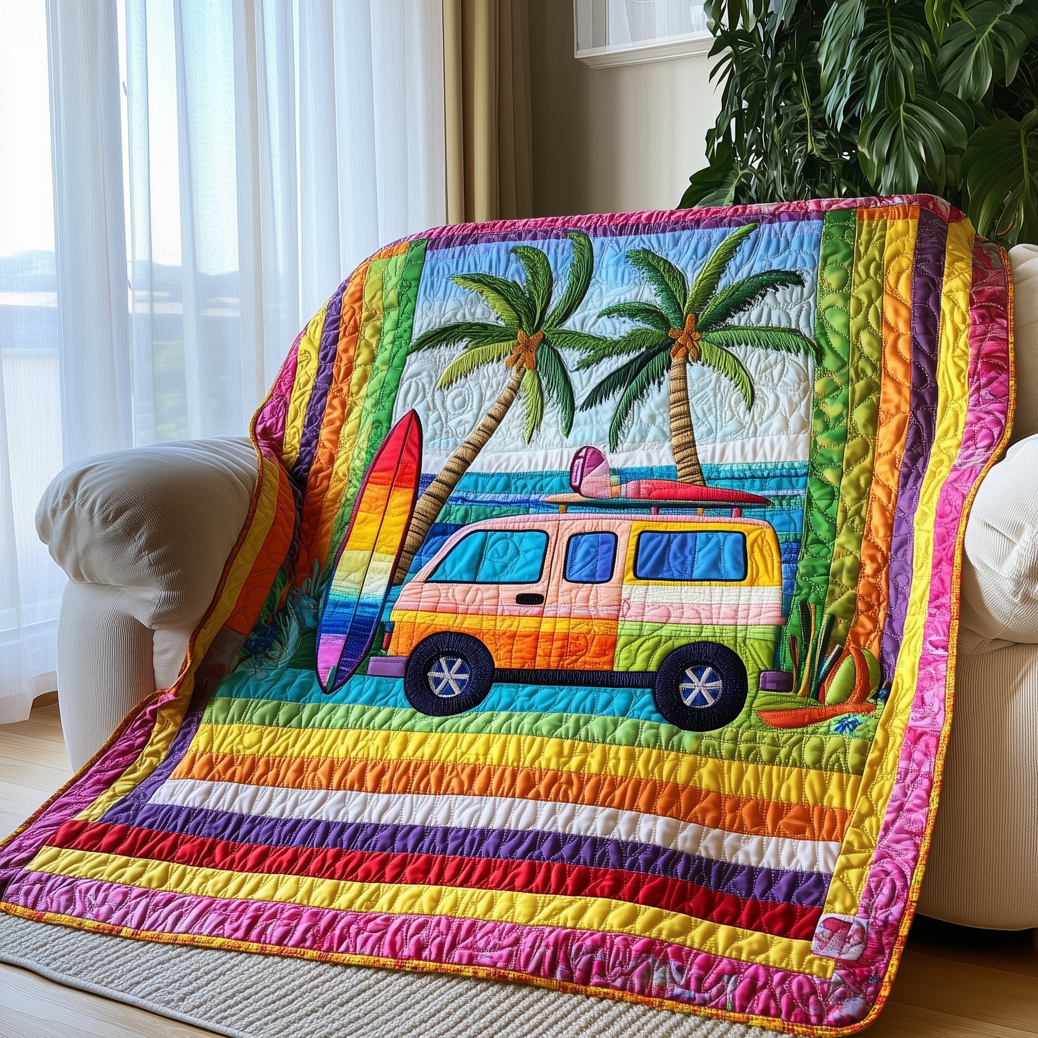 Rainbow Van Quilted Blanket Merchandise Throw BlanketChristmas Gifts For Hippie Mom