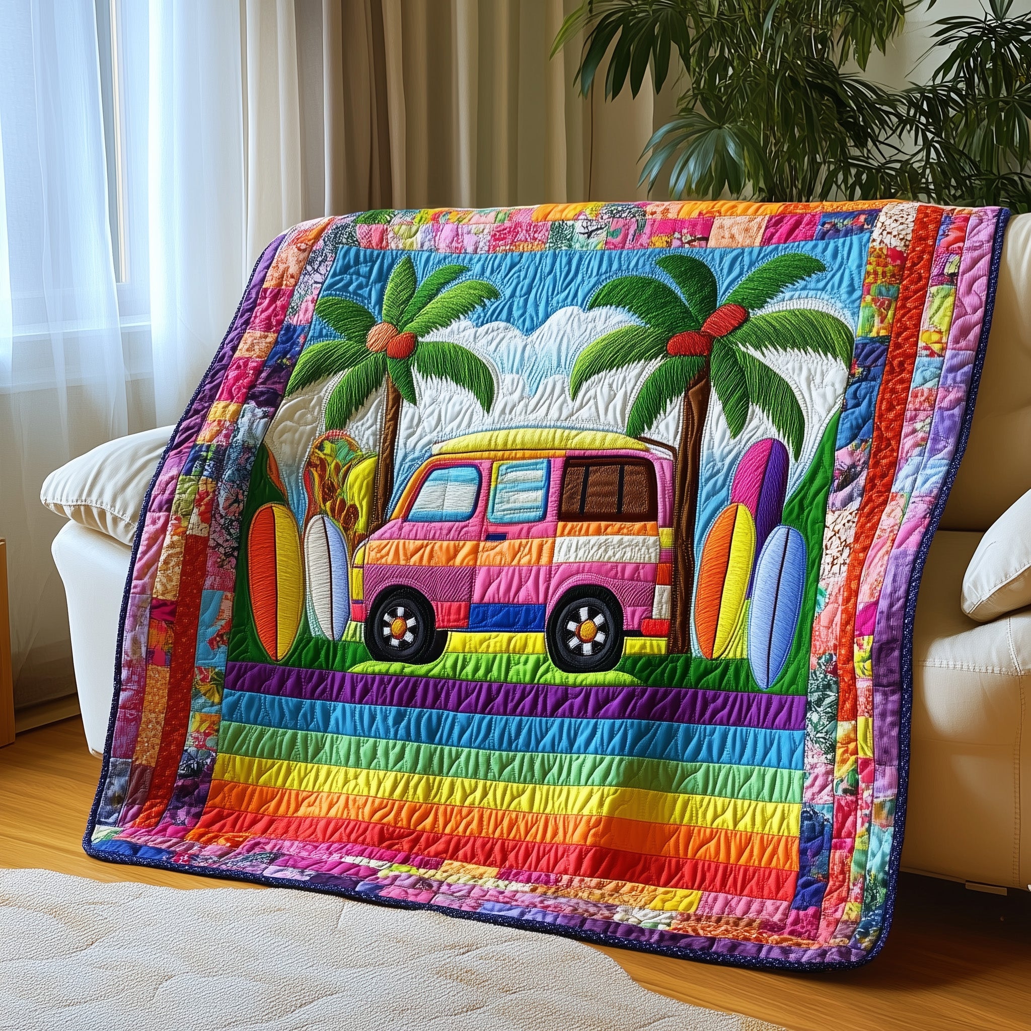 Rainbow Van Quilted Blanket Merchandise Throw BlanketChristmas Ideas For Hippies