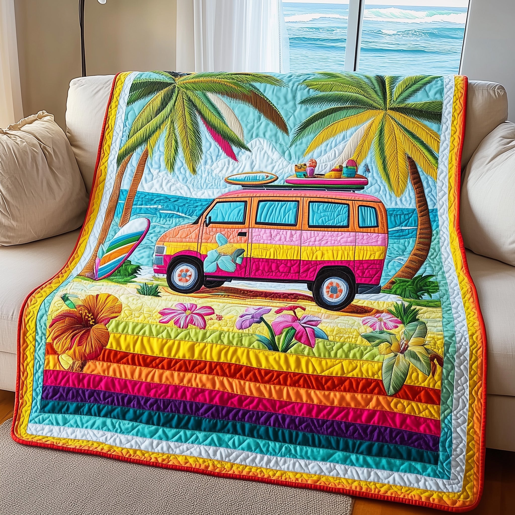 Rainbow Van Quilted Blanket Merchandise Throw BlanketChristmas Presents For Hippies