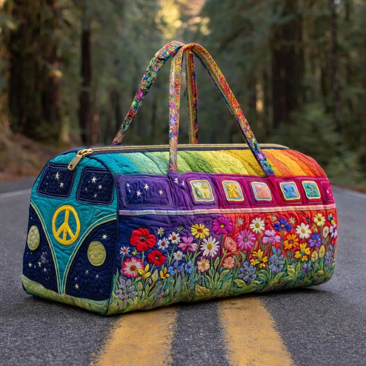 Rainbow Wildflower VW Bus Quilted Duffle Bag Boho Travel Bag Best Gift For Flower Lovers