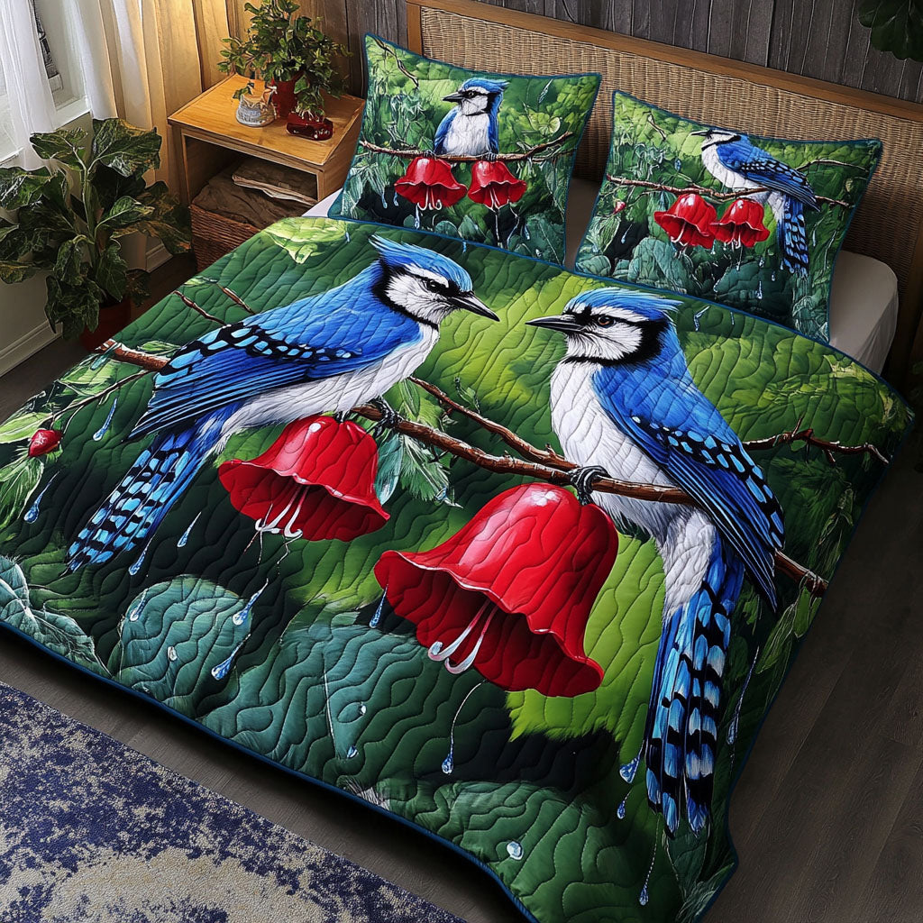 Raindrop Serenade Jays Quilted Bedding Set Best Bed Sheet Set Presents For Bird Lovers
