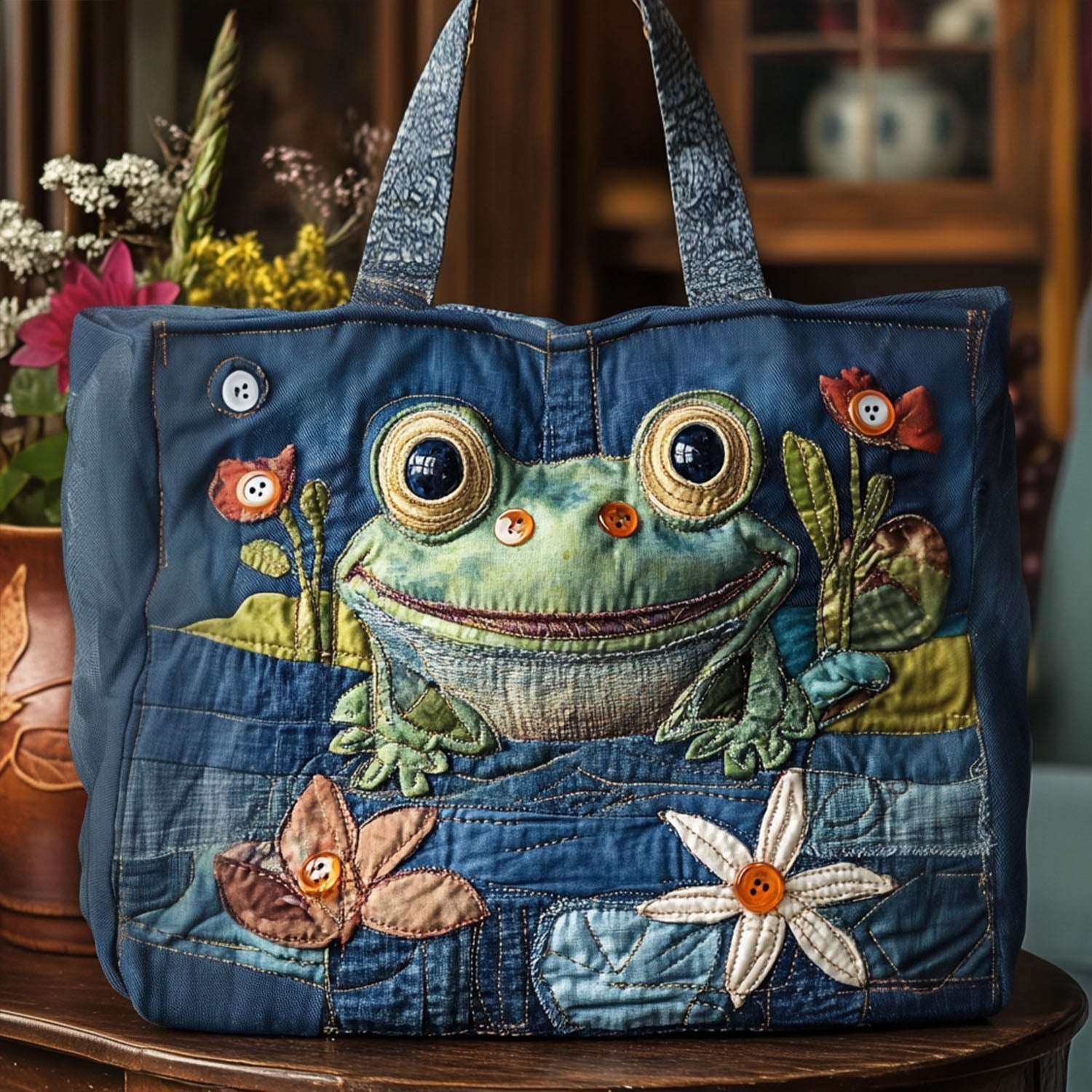 Rainy Day Frolic Quilted Tote Bag Frog Gifts For Adults