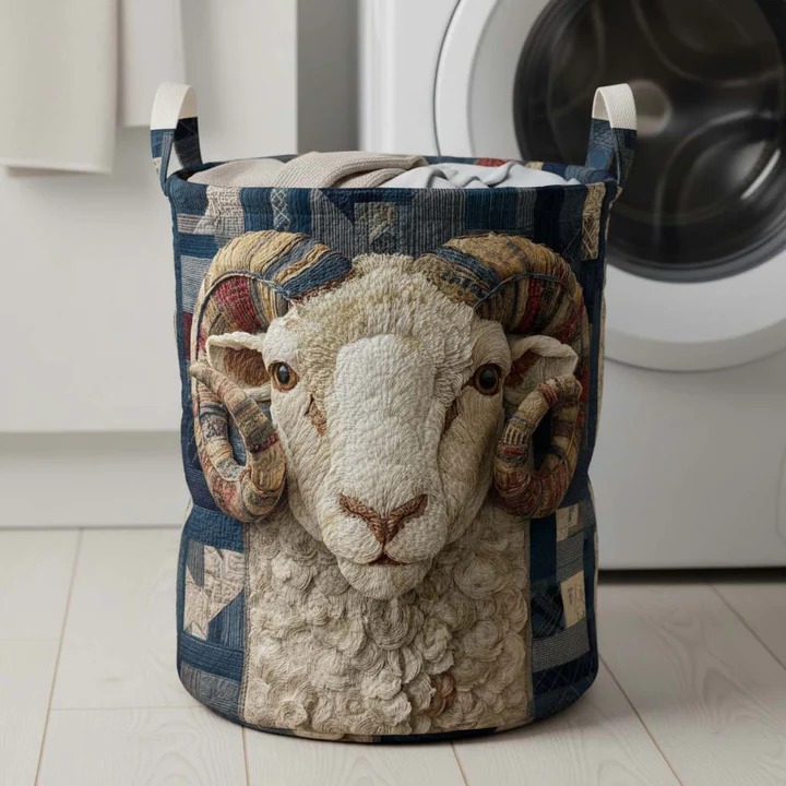 Ram Portrait Quilted Laundry Basket Rustic Farmhouse Home Decor Unique Gift For Sheep And Farm Lovers