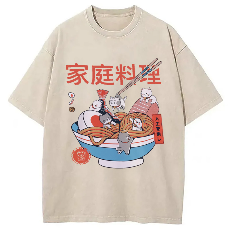 Ramen and Mini Cats Washed T-Shirt Funny Quote Unisex Shirt Gifts For Her