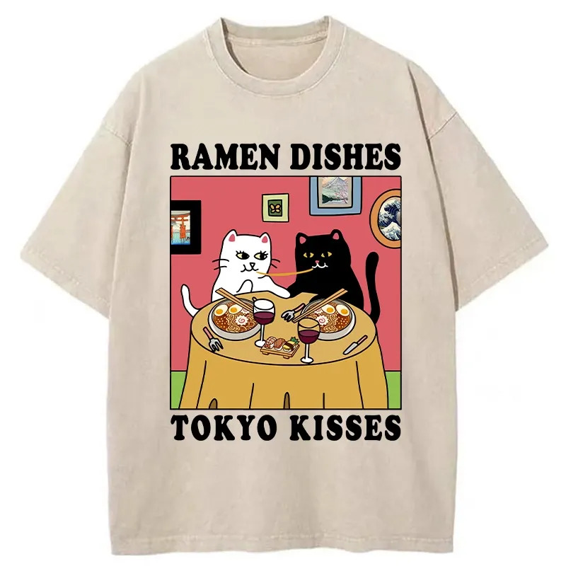 Ramen Dishes Tokyo Kisses Washed T-Shirt Casual Oversized Outfit Style Gifts For BFF