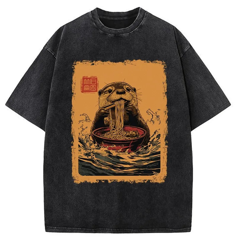 Ramen Lover Otter Washed T-Shirt Casual Oversized Outfit Style Gifts For Brother