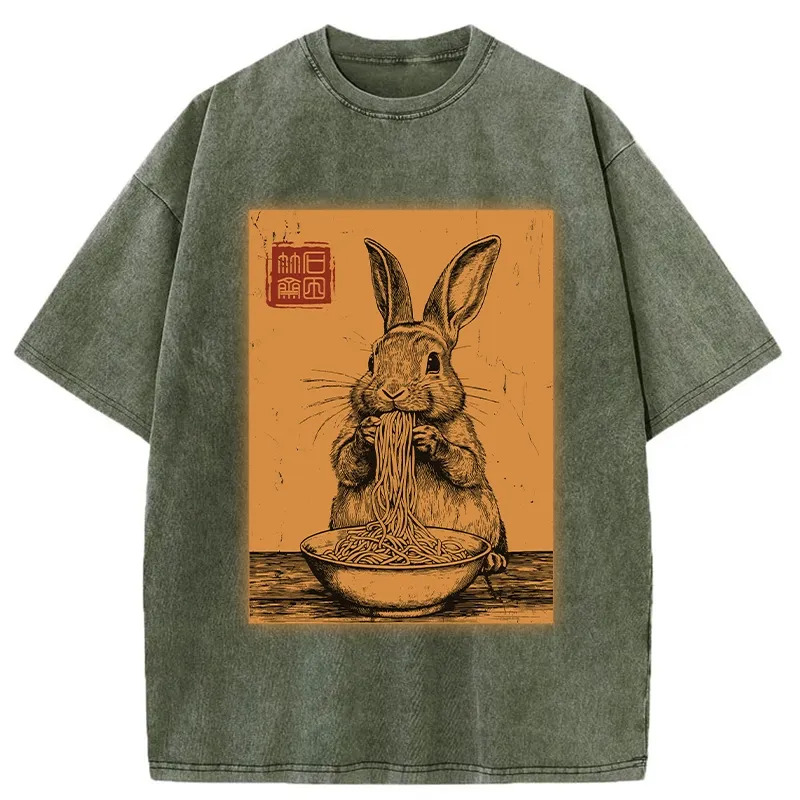 Ramen Lover Rabbit Washed T-Shirt Funny Graphic Gift For Friends Gifts For Brother