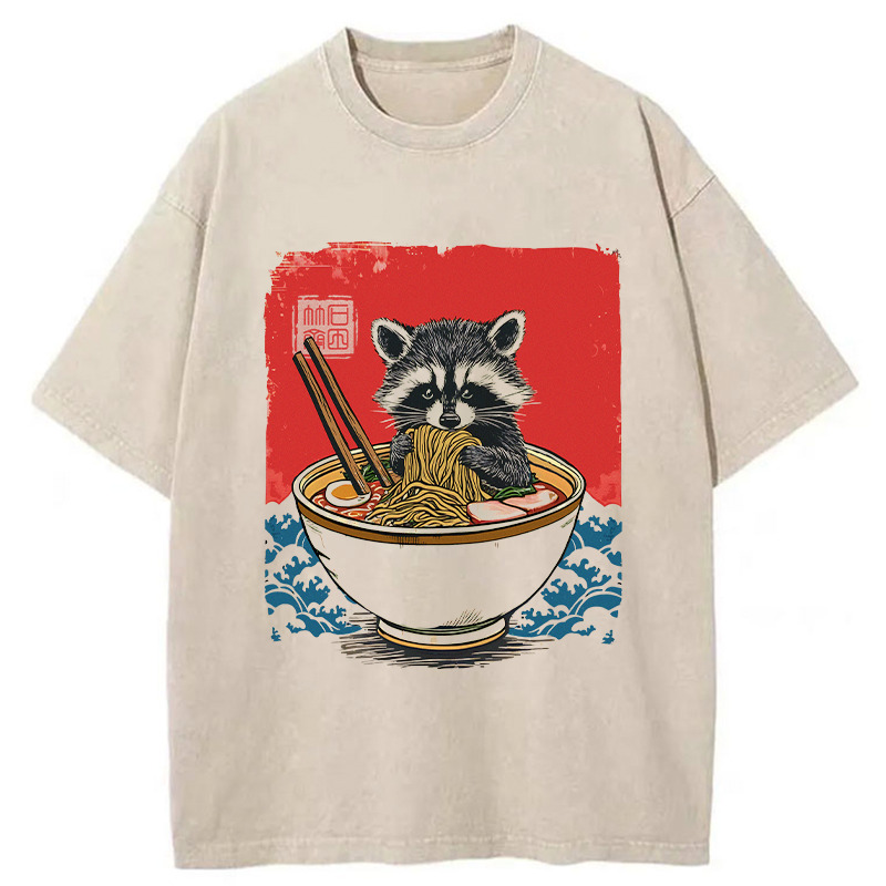 Ramen Lover Raccoon Washed T-Shirt Unisex Streetwear Graphic Style Gifts For Him