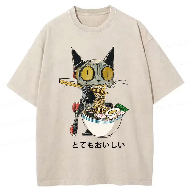 Ramen Lover Robot Cat Washed T-Shirt Retro Humor Outfit Idea Gifts For BFF