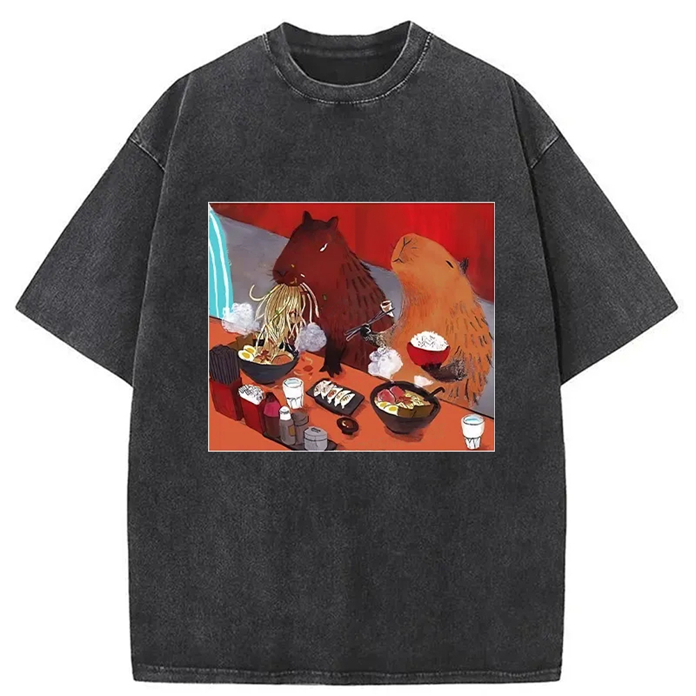 Ramen Lovers Capybara Funny Washed T-Shirt Trendy Everyday Casual Outfit Gifts For Brother