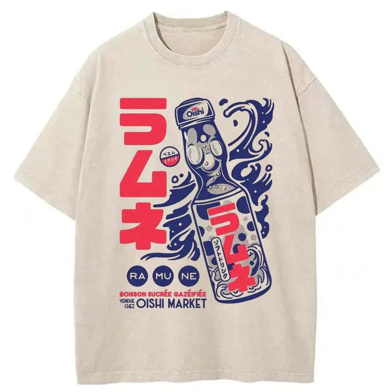 Ramune Print Japanese Washed T-Shirt Retro Streetwear Graphic Top Gifts For Friends