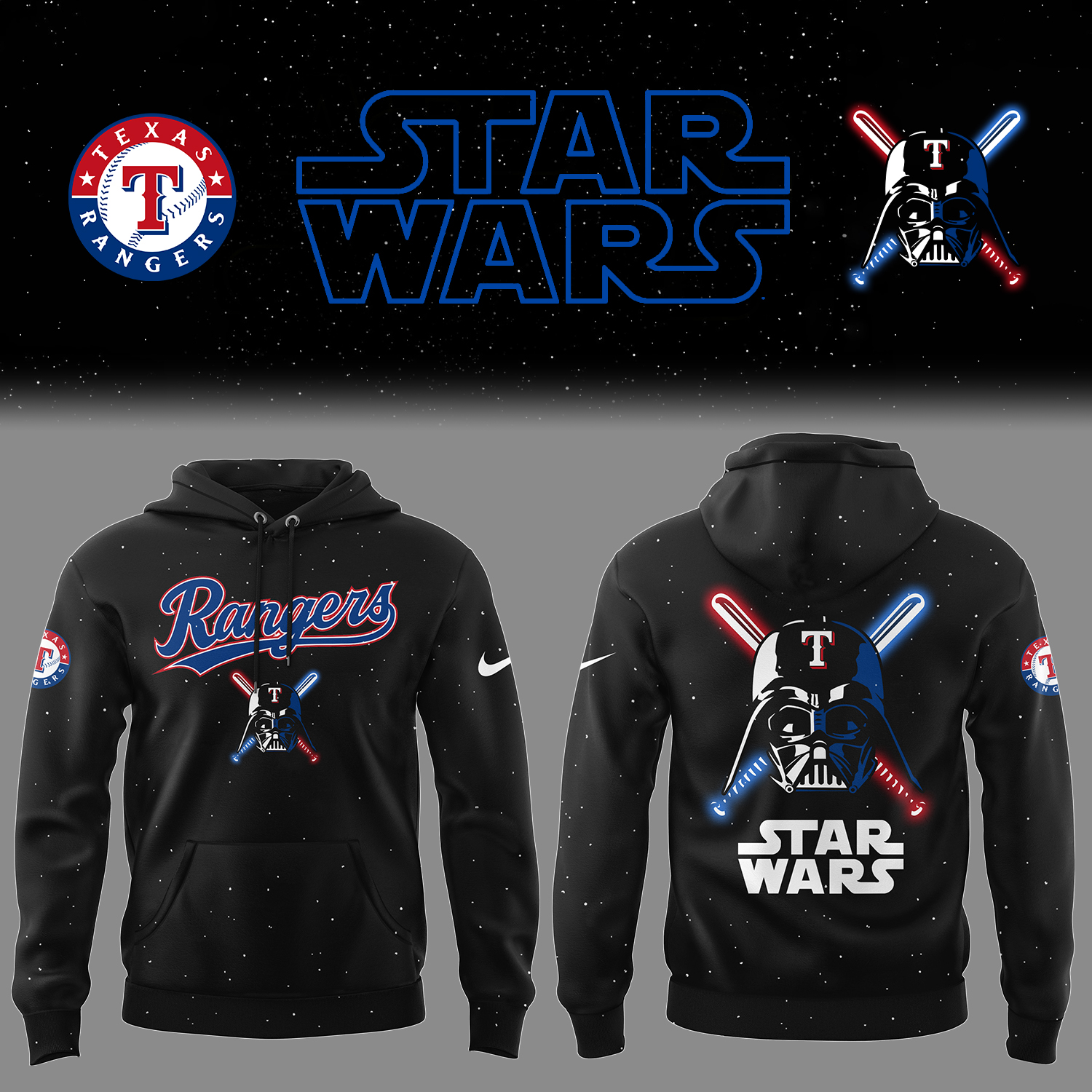 Rangers Baseball 2025 Rangers x Stars Wars Black Hoodie Gifts For Baseball Fans