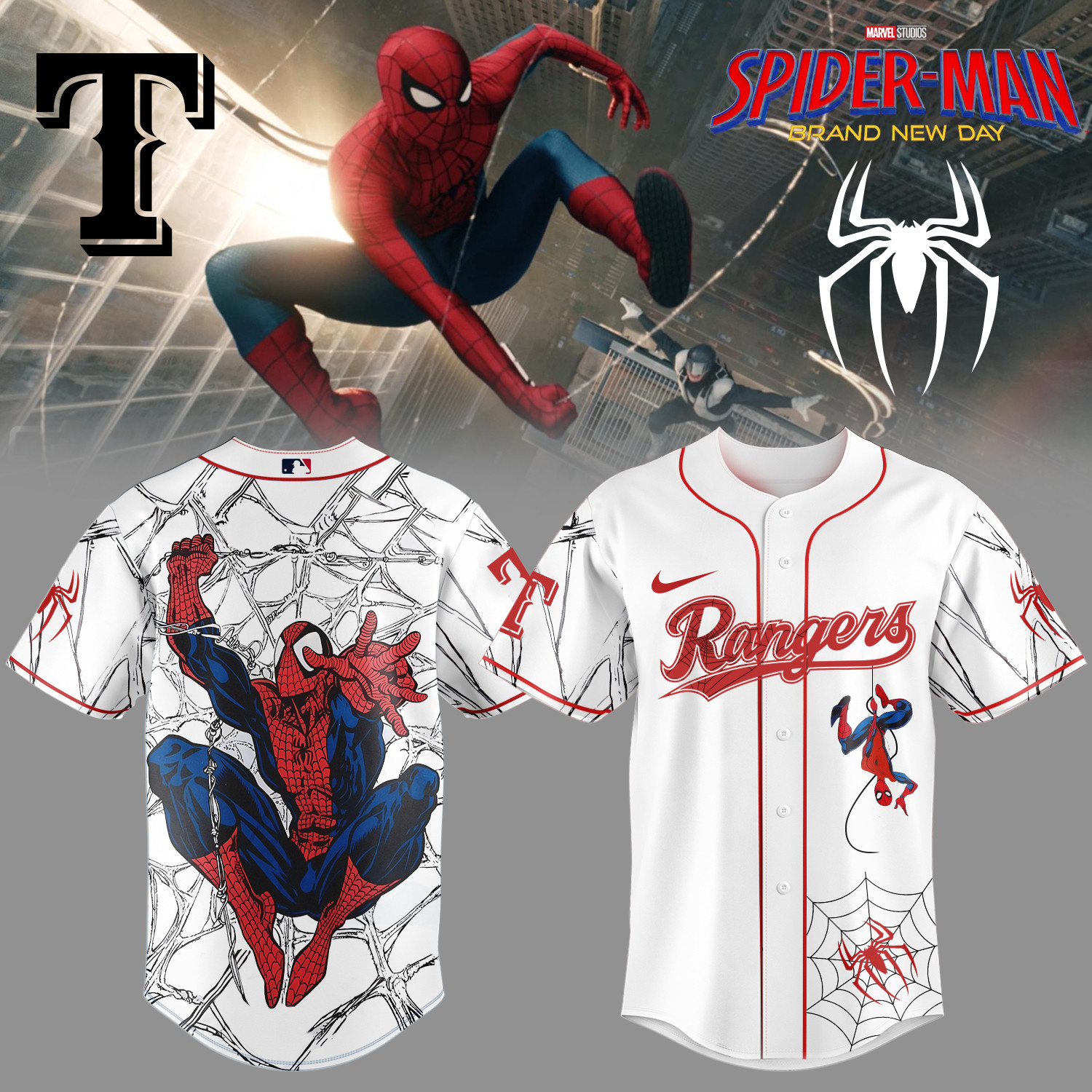 Rangers x Spider Man Baseball Jersey 2026 MLB Playoff Merch Baseball Fan Gears
