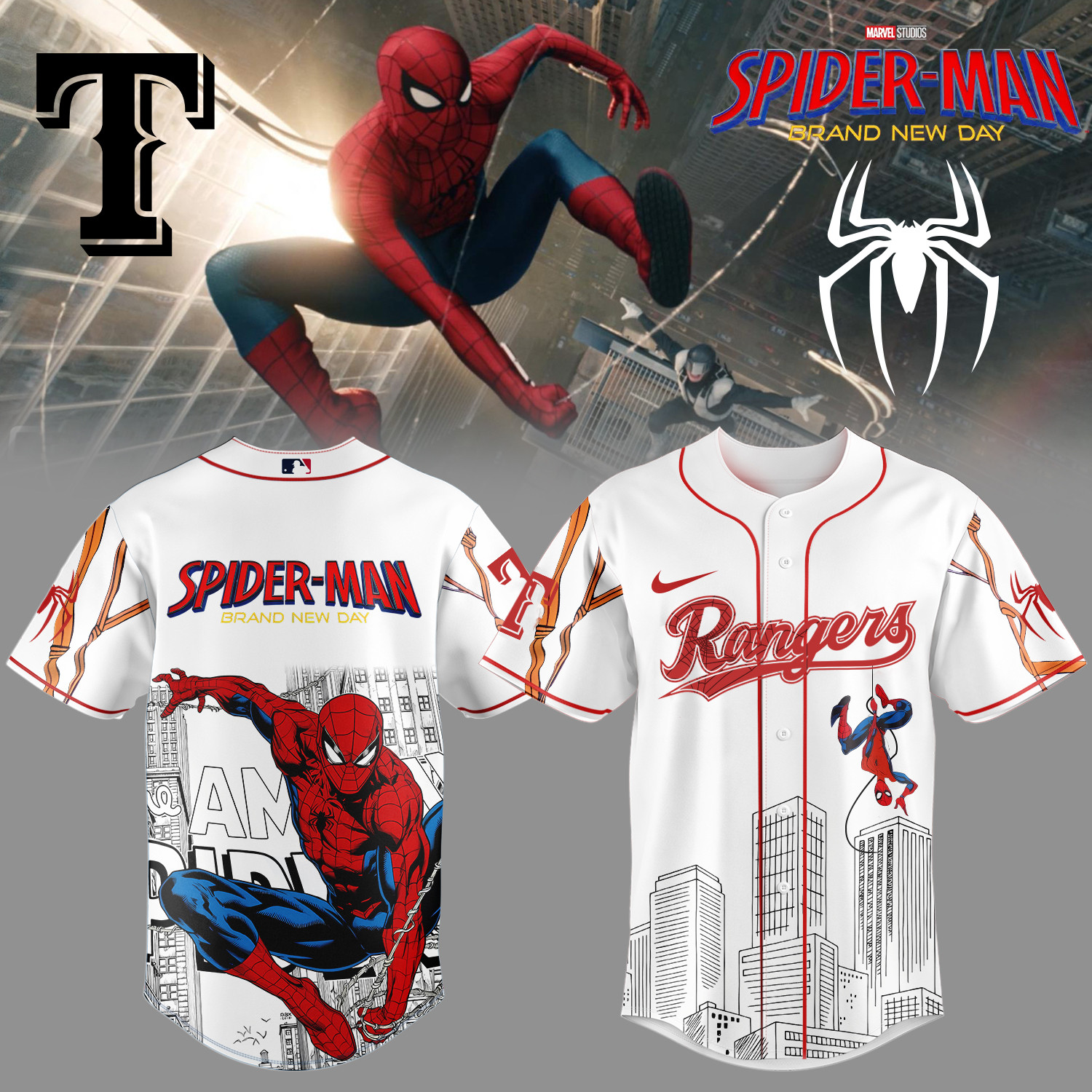 Rangers x Spider Man Baseball Jersey 2026 MLB Playoff Merch Baseball Gear For Fans