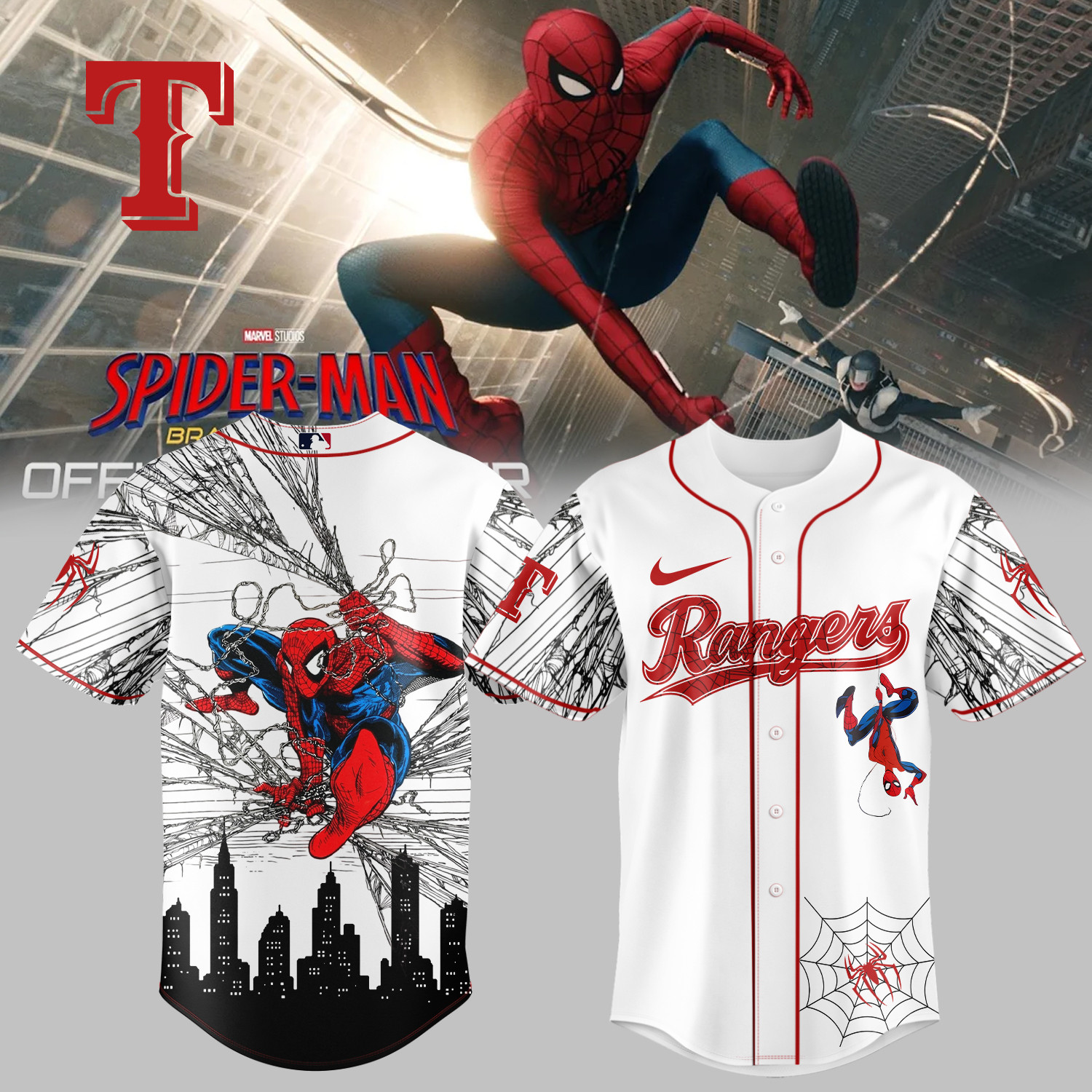 Rangers x Spider Man Baseball Jersey 2026 MLB Playoff Merch Birthday Gift For Him