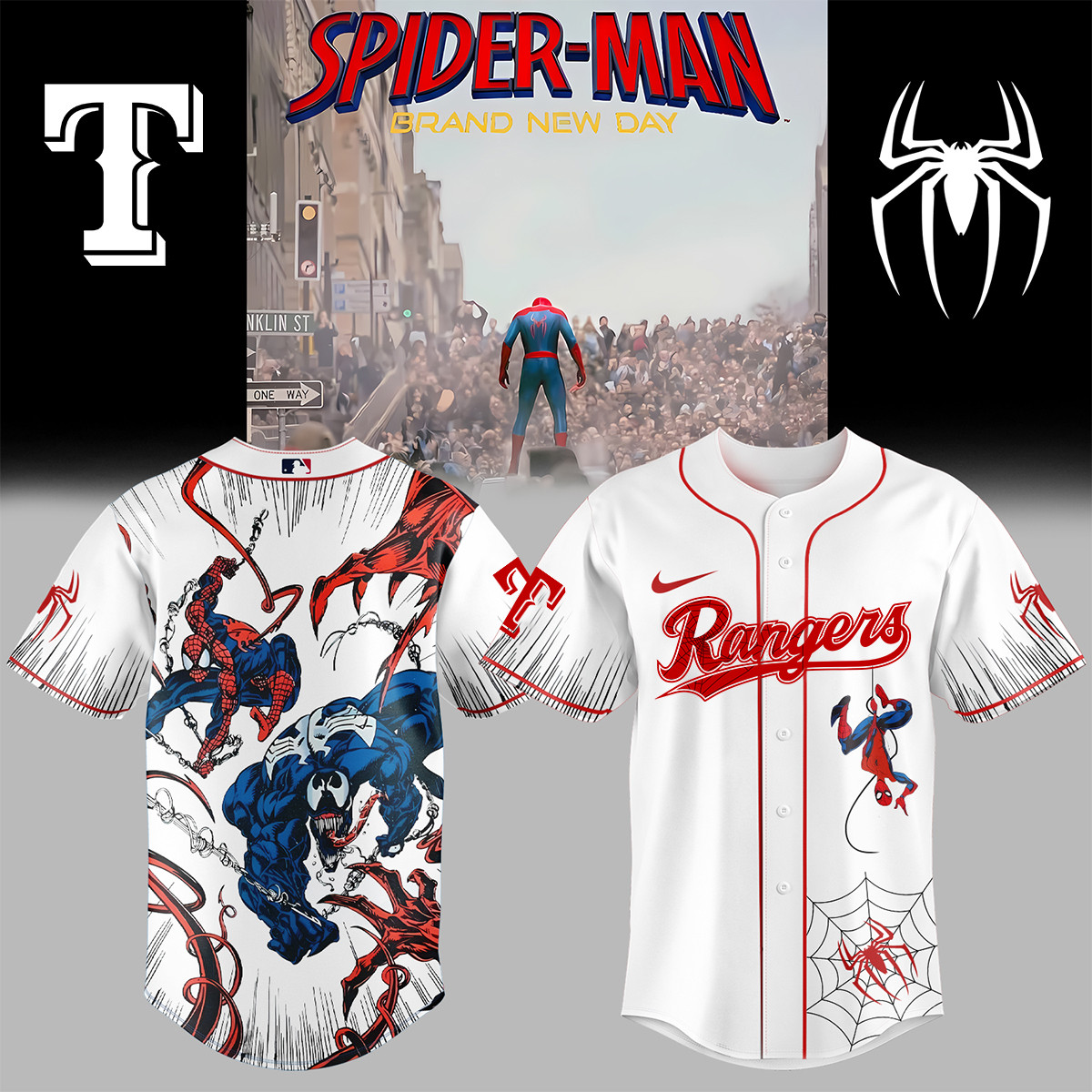 Rangers x Spider Man Baseball Jersey 2026 MLB Playoff Merch Cool Gift For Brother
