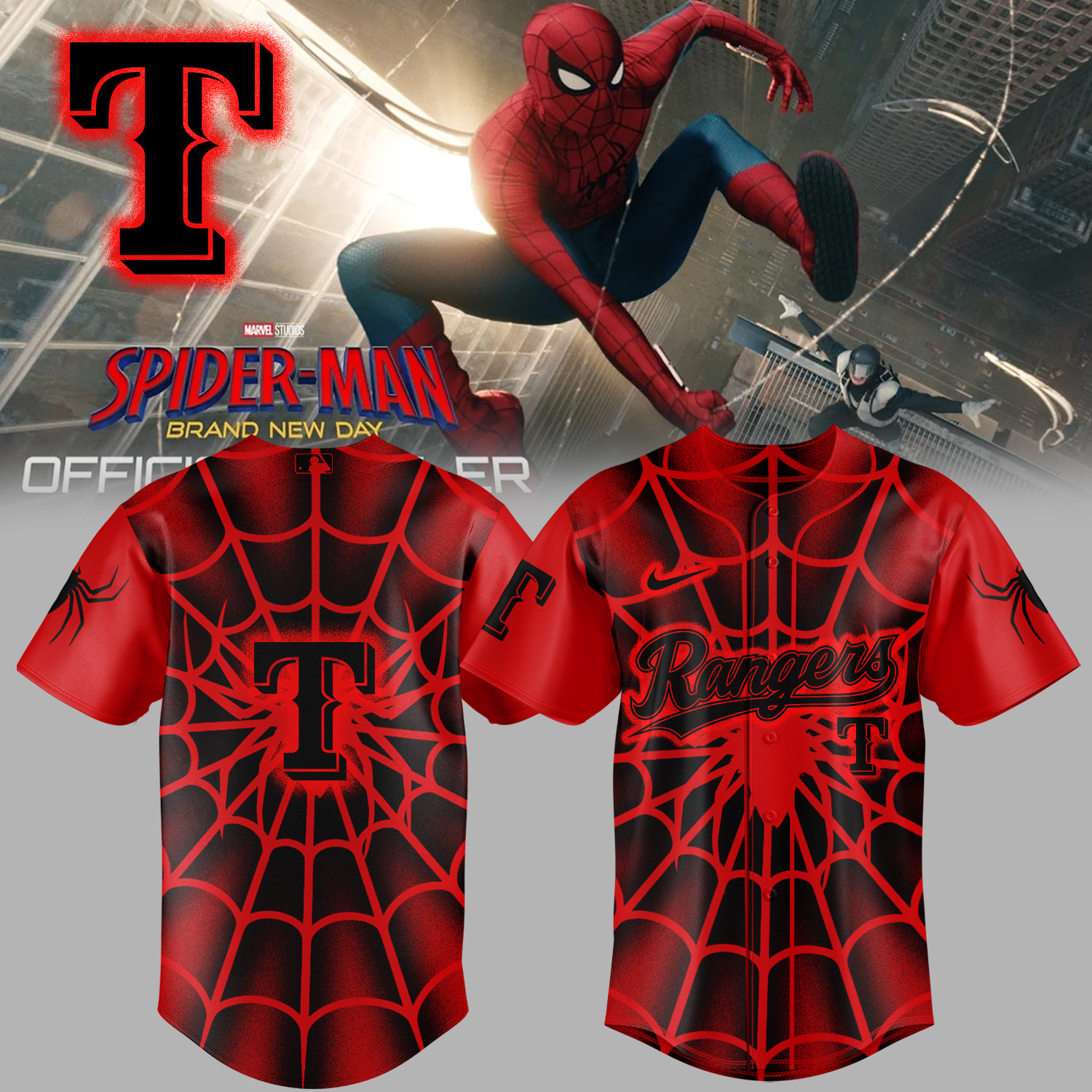 Rangers x Spider Man Baseball Jersey 2026 MLB Playoff Merch Present For Father