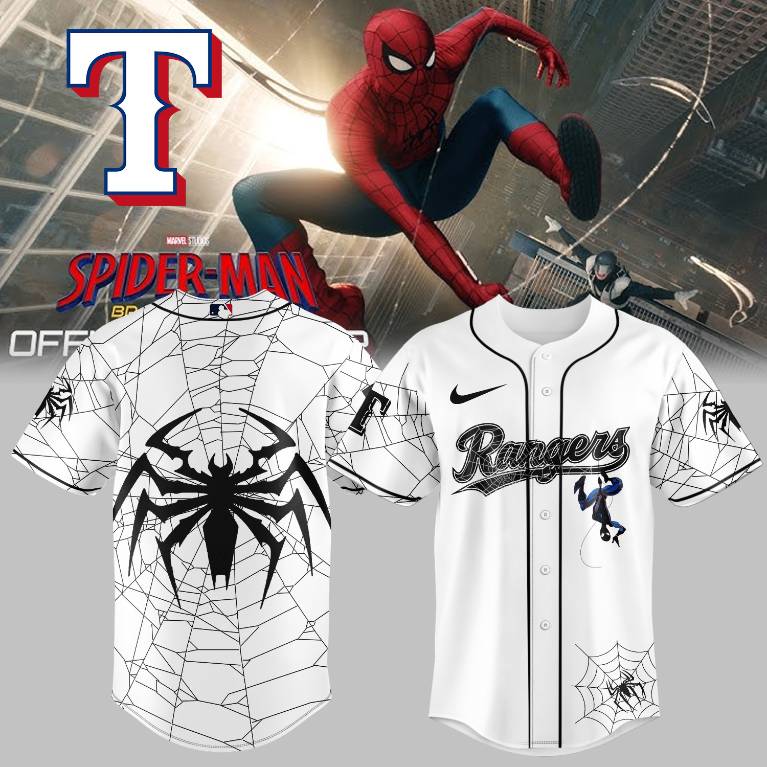Rangers x Spider Man Baseball Jersey 2026 MLB Playoff Merch Unique Fan Gear