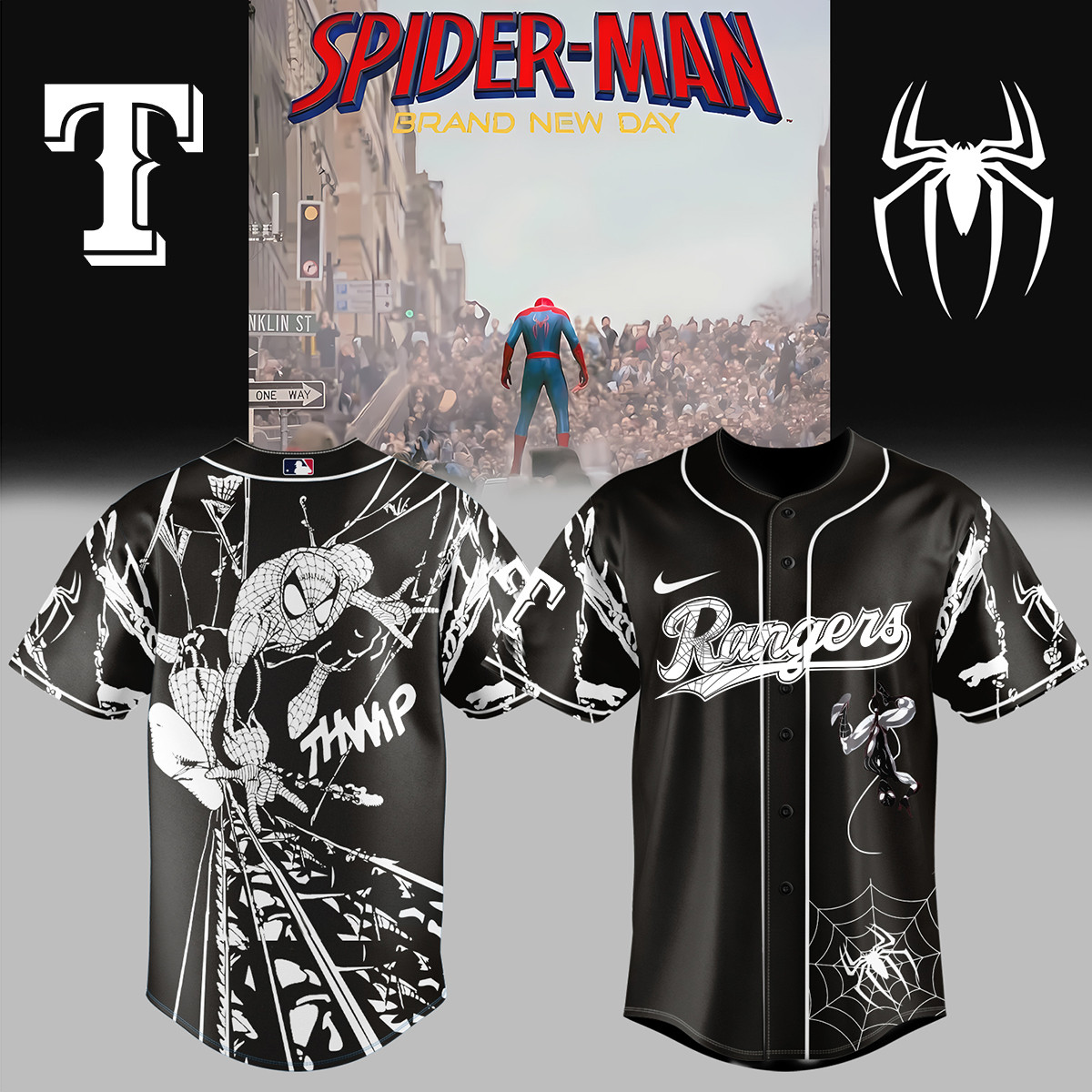 Rangers x Spider Man Baseball Jersey 2026 MLB Playoff Merch Unique Gift For Fans