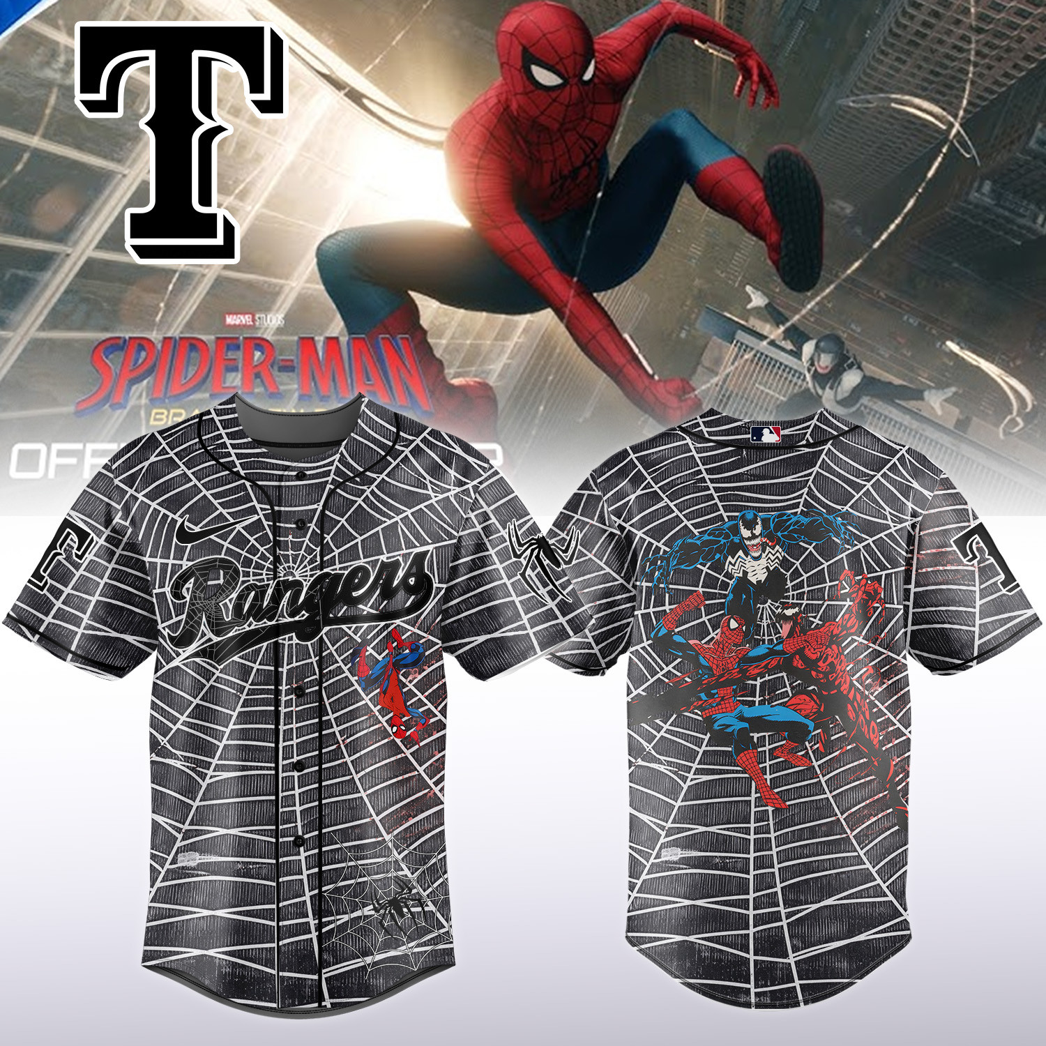 Rangers x Spider Man Baseball Jersey 2026 MLB Playoffs Shirt Baseball Gear For Brothers